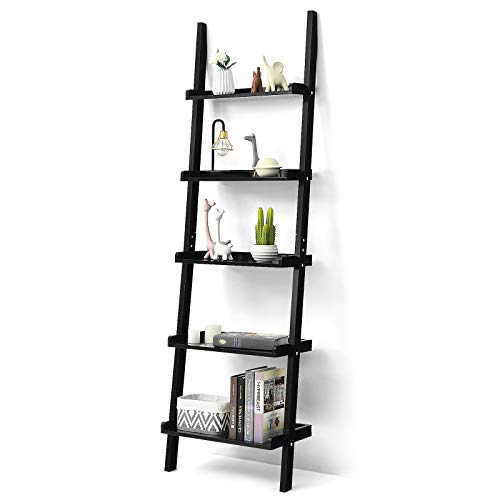 Tangkula 5-Tier Ladder Shelf, Wall-Leaning Bookshelf w/Open Shelves, Plant Flower Stand, Storage Display Organizer Rack, Multifunctional Bookcase for Living Room Home Office (Black) - color: Black