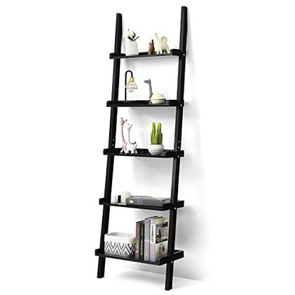 Tangkula 5-Tier Ladder Shelf, Wall-Leaning Bookshelf w/Open Shelves, Plant Flower Stand, Storage Display Organizer Rack, Multifunctional Bookcase for Living Room Home Office (Black) - color: Black