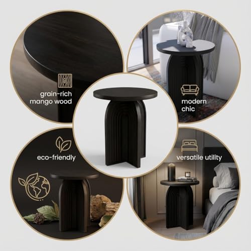 Relso Charon End Table - Round Black Mango Wood Accent Table for Bedroom or Living Room | Compact and Versatile Nightstand or Coffee Table | Modern Silhouette with Simple Assembly, Sturdy Design - color: Charon Black