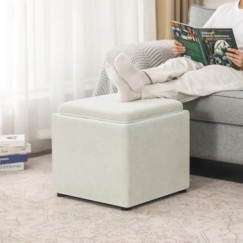 Storage Square Ottoman with Tray, Small Fabric Foot Rest Stool Cube, Coffee Table for Dorm Living Room Bedroom, White - color: White