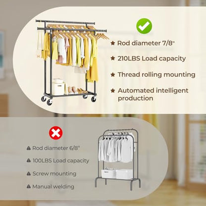 HYSEYY Double Rods Clothes Rack, Rolling Clothing Rack for Hanging Clothes Portable Wardrobe Rack, Metal Garment Rack Sturdy Coat Rack for Bedroom Laundry Living Room, Black - color: Black