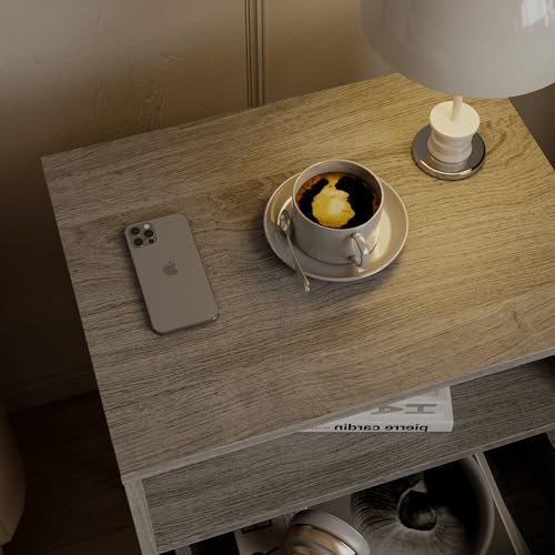Rattan Nightstand,Farmhouse Bedside Table with 2 Storage Drawer and Open Wood Shelf, for Bedroom and Small Spaces,Night Stand with Solid Wood Legs (Grey Oak) - color: Grey Oak