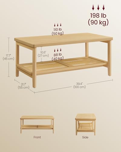 VASAGLE 2-Tier Coffee Table for Living Room, Rectangular Living Room Table, with PVC Rattan Storage Shelf, Rounded Corners, Easy Assembly, Boho Style, 21.7 x 39.4 x 17.7 Inches, Oak Beige ULCT240Y57 | Rectangular Living Room Table, Rounded Corners, Easy A