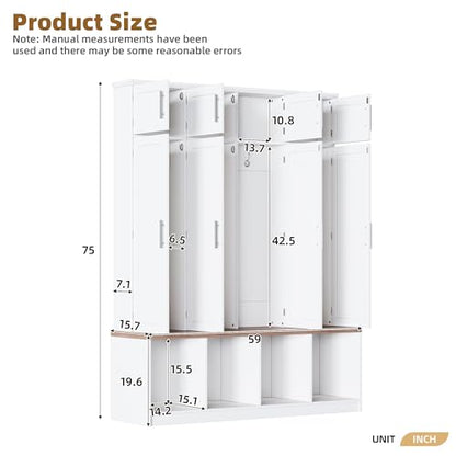JIVOIT 75" H Farmhouse Hall Tree with Storage, Versatile 4-in-1 Coat Hanger with 4 Hidden Hanging Hooks, 8 Doors, Entryway Shoe Cabinet with Open Compartments for Living Room - color: White//23
