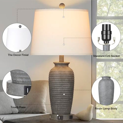 CINSARY 25" Farmhouse Jar Table Lamps Set of 2, 3 Way Touch Control Rustic Bedside Lamps with USB A+C Ports & AC Outlet, Pot Nightstand Lamps for Bedroom Living Room (LED Bulbs Included) - color: Gray