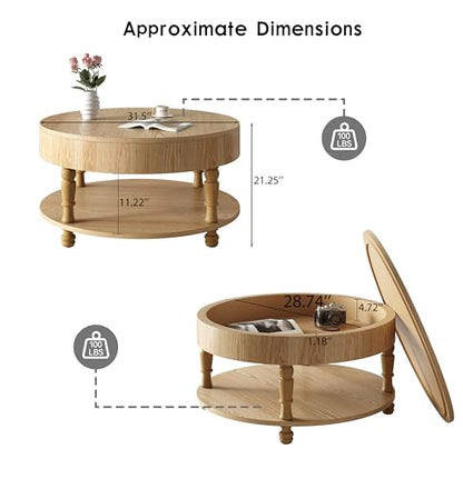 31.5" Round Coffee Table with Storage, 2 Tier Modern Center Table, Adjustable Leveling Feet, Easy Assembly, Wood Coffee Table for Living Room, Apartment, Small Space. (Natural Wood) - color: Natural-n