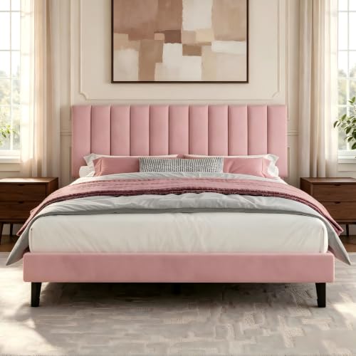 Garvee Queen Size Platform Bed Frame with Upholstered Headboard, Pink | Fully Velvet Upholstered Mattress Foundation with Height Adjustable Headboard, No Box Spring Needed, Easy Assembly - color: Pink, size: Queen