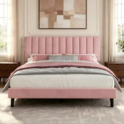 Garvee Queen Size Platform Bed Frame with Upholstered Headboard, Pink | Fully Velvet Upholstered Mattress Foundation with Height Adjustable Headboard, No Box Spring Needed, Easy Assembly - color: Pink, size: Queen