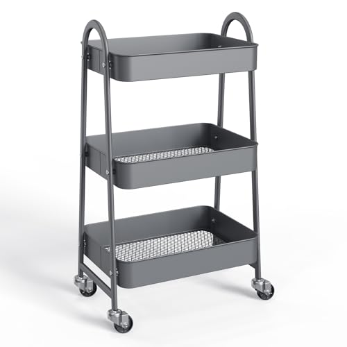 NEWBULIG 3-Tier Metal Rolling Cart with Lockable Wheels, Heavy Duty Mobile Utility Storage Shelf, Roller Book Snack Cart, Grey | Mobile Organizer Shelf, Space-Saving, Freestanding, Bathroom, Living Room, Slim, Narrow Corner Spaces, Grey - color: Gray, siz