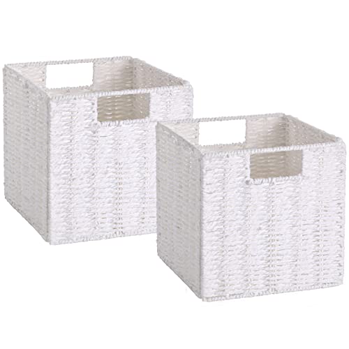 Wicker Storage Basket, Set of 2 Hand-Woven Storage Baskets for Organizing, White Foldable Cube Storage Bins Organizer, 9 x 9 Inch Square Wicker Storage Baskets for Shelves Pantry Decor - color: White, size: 9'' x 9'' x 9''