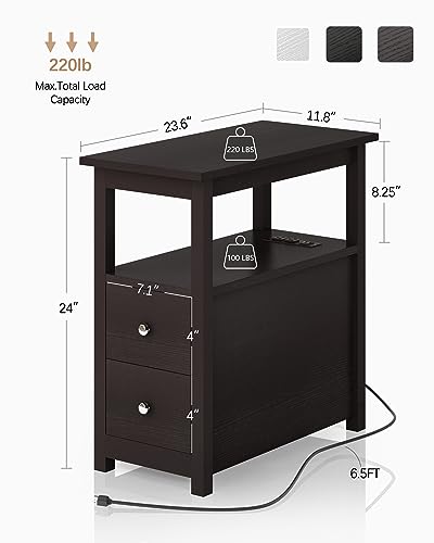 3-Tier Side Table Slim Sofa End Table with 2 Drawers and 1 Open Shelf Narrow Space for Living Room, Espresso Power (Outlets and USB Ports Included) - color: Brown