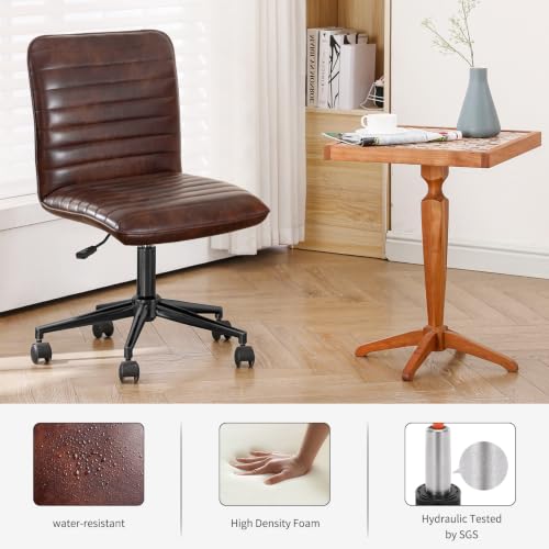 Furnimart Armless Swivel Rolling Desk Chair, Adjustable Faux Leather Vanity Chair with Gold Legs, Cute Task Chair with Wheels for Living Room Bedroom Studying Small Places(Dark Brown) - color: Dark Brown-faux Leather