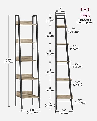 VASAGLE Bookshelf, 5-Tier Narrow Book Shelf, 11.8 x 13.3 x 66.9 Inches, Ladder Shelf for Home Office, Living Room, Bedroom, Kitchen, Camel Brown and Ink Black ULLS109B50V2 - color: Camel Brown + Ink Black, size: 5 Tiers (13.3"W), style: With back panels