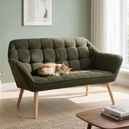 48" Small Loveseat Sofa, Modern Sherpa Mini Sofa Couch 2-Seater Fluffy Love Seat with Quilting Backs and Wood Legs for Living Room, Bedroom and Small Space, Green - color: Green