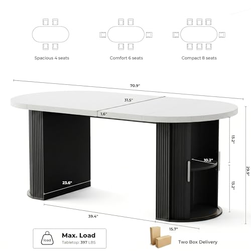 IRONCK 71" Oval Dining Table with Storage, Fluted Base, Black | Seats 4-6 for daily dining and up to 8 for gatherings; 397 lb capacity, hidden storage, and faux quartz finish. - color: Black