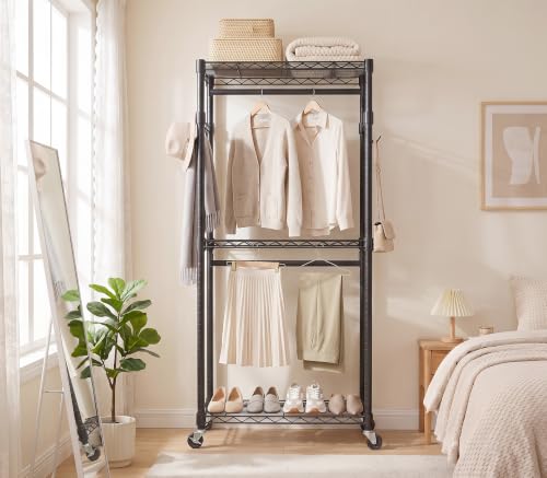 Duty Rolling Rack, 3-Tier Adjustable Clothes Rack with Double Rods, Black | Heavy Duty Rolling Rack, Double Rods, Adjustable Shelves, Side Hooks, Lockable Wheels, Carbon Steel, Rustproof, Easy Assembly - color: BLACK, size: 23.6IN