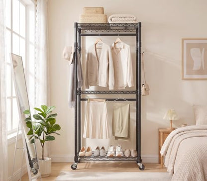 Duty Rolling Rack, 3-Tier Adjustable Clothes Rack with Double Rods, Black | Heavy Duty Rolling Rack, Double Rods, Adjustable Shelves, Side Hooks, Lockable Wheels, Carbon Steel, Rustproof, Easy Assembly - color: BLACK, size: 23.6IN