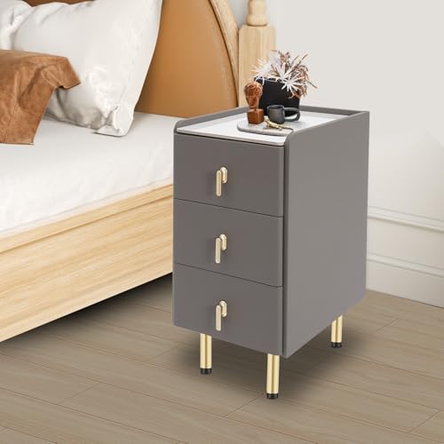 Night Stand, Modern Nightstand with Solid Wood Drawers, Tall Bedside Tables with Carbon Steel Legs, Slim Bedside Cabinet for Small Spaces, 12 W x 16 D x 23 H Inches (Gray) - color: Grey