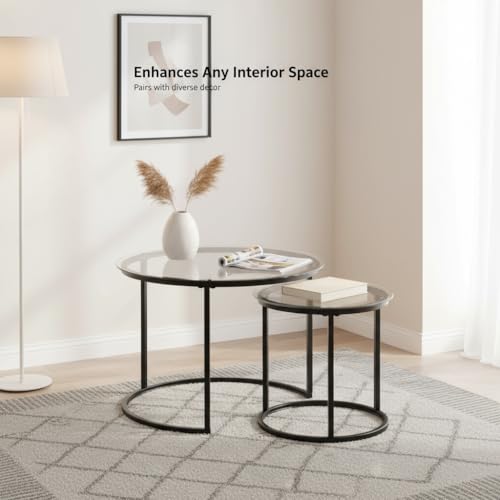 Round Nesting Coffee Table Set of 2, Glass Stacking Minimalist End Table | Modern Marble Pattern Wooden Nesting Tables for Living Room Bedroom Small Space, Clear Tempered Glass and Black Leg - color: Glass & Black