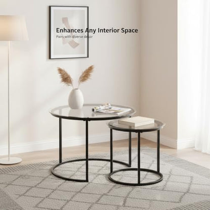 Round Nesting Coffee Table Set of 2, Glass Stacking Minimalist End Table | Modern Marble Pattern Wooden Nesting Tables for Living Room Bedroom Small Space, Clear Tempered Glass and Black Leg - color: Glass & Black