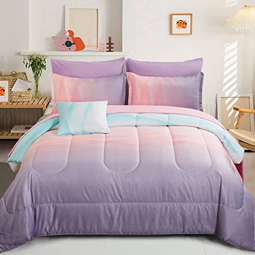 Dinjoy Girls Comforter Set Queen Size Colorful Ombre Blue Pink Purple Rainbow Bedding Set 7 Pieces Bed in A Bag for Kids Teen Girls Women with Comforter, Flat Sheet, Fitted Sheet - color: Blue Pink Purple, size: Queen