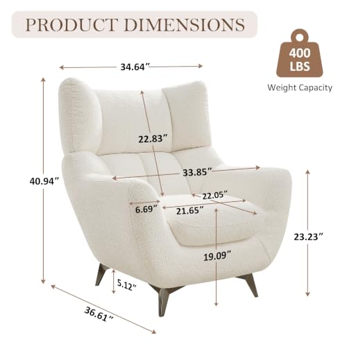 34.6" Oversized Accent Chair with WingBack, Teddy Boucle White | High Back, Wide Armrests, Metal Legs, Cozy Deep Seat Armchair , Reading Chair for Living Room, Bedroom, Apartment, Office - color: White, size: Set of 1