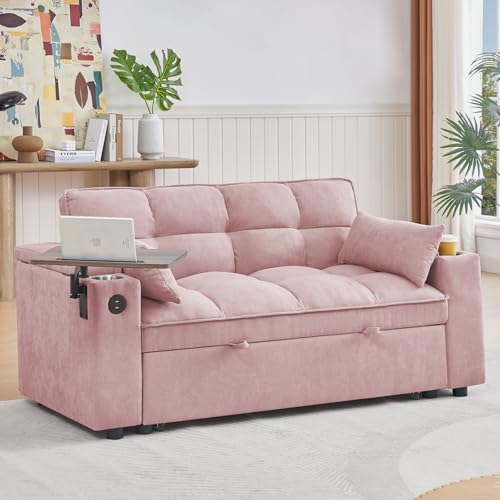 66" Multi-Functional Pull-Out Sofa Bed with Hidden Side Table, Storage Armrests, Built-in Charging Port, Spring Mattress, Solid Wood Frame – Ideal for Small Spaces, Easy Assembly - color: 1007--pink