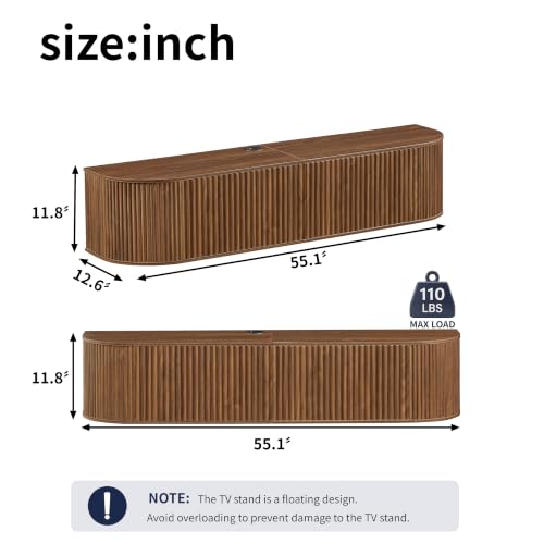 LUMISOL 55” Wall Mounted Floating TV Cabinet with Fluted Doors, Media Console with Cable Management Holes for Living Room, Bedroom, Walnut - size: 55.12"L x 12.6"W x 11.81"H