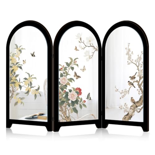 Mini Folding Screen, 3 Panel Divider, Chinese Style Vintage Desktop Mirror Privacy Shield Tabletop Feng Shui Ornaments for Home Office Decoration - color: A