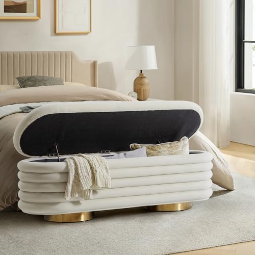 HULALA HOME Velvet Storage Bench, Large Upholstered Ottoman with Button Tufted Design for Living Room, Bedroom, Entryway, or Window, End of Bed Bench with Shoe Storage, Modern Home Decor, Ivory - color: Ivory
