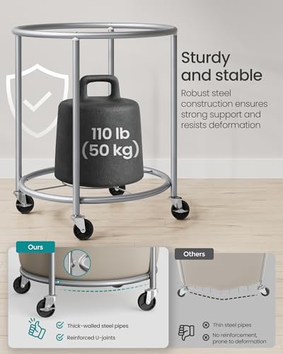 SONGMICS Laundry Basket, Rolling Steel Frame with 2 Locking Wheels, 190 L | Heavy-Duty Laundry Hamper Cart with Removable Bag, Camel Brown and Metallic Silver, URLS001N01 - color: Camel Brown + Metallic Silver, size: 190 L (1-Section)