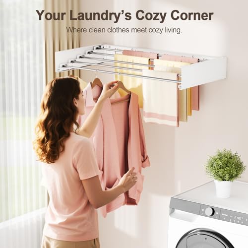 Wall Mounted Clothes Drying Rack Folding Indoor, Foldable Laundry Drying Rack Collapsible,Invisible, Space Saving, Retractable Towel Drying Rack, with Wall Template(5 Drying Rods, White 32") - color: White, size: White-32"