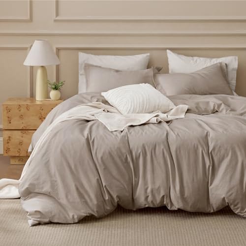 Bedsure PureWoven 100% Washed Cotton Duvet Cover Set, Twin Size, 2-PC | Linen Like Texture, Percale Bedding Set for All Seasons, Zipper Closure, 8 Corner Ties, Tannish Linen Grey, 68" X 90" - color: 09 - Tannish Linen Grey (No Comforter), size: Twin (68"