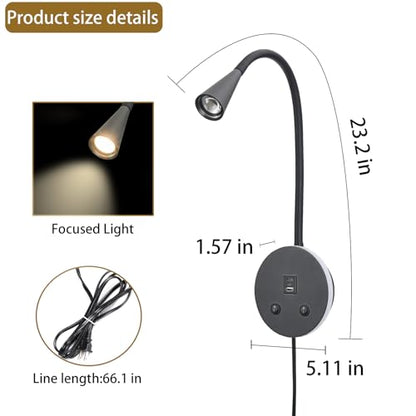 Black Headboard Reading Light with Nightlight, 2 Pack Wall Mounted Reading Lights with Switch, Plug-in Hardwired Reading Lamp for Bedtime Reading, Gooseneck Reading Sconces for Bedroom, Bedside - color: Black-2 Pack