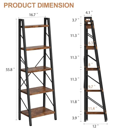 Shintenchi 5 Tier Ladder Shelf, Freestanding Corner Storage Shelves with Adjustable Feet and Anti-Falling Kit, Industrial Bookcase for Living Room, Bedroom, and Home Office, Rustic Brown - size: 16.7'' W x 12'' D x 55.8'' H-no Drawer