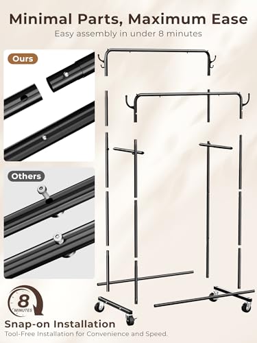 Clothes Rack, Rolling Clothing Rack with Double Rods for Hanging Clothes, Portable Garment Rack with Wheels, Metal Wardrobe Closet Organizer for Bedroom and Laundry Room