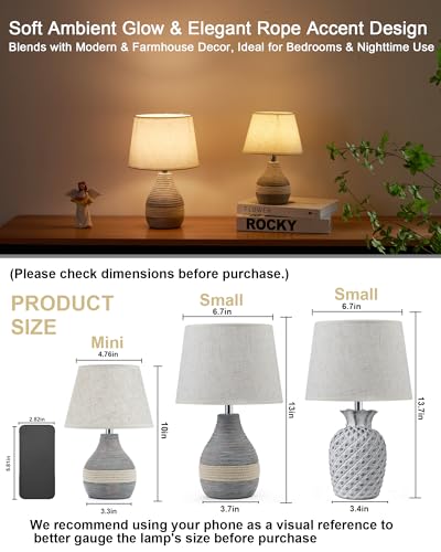 UMEXUS 13" Small Ceramic Cordless Table Lamp, Rechargeable Battery, Coastal | Timer, Dimmer, Linen Shade, Remote Control RGB & Warm Lights, Farmhouse Home Decor Kitchen Counter Living Room Side Table - size: Small-13"H-Rope accent design