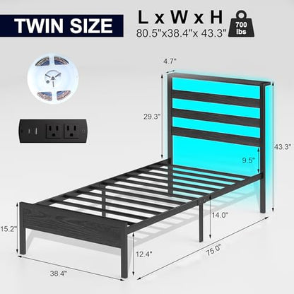 J.Fkne Twin Bed Frame with Headboard, Platform Bed with LED & Charging Station, Heavy Duty Metal Slats, No Box Spring Needed, Noise Free, Easy Assembly, Black - size: Twin, style: Contemporary
