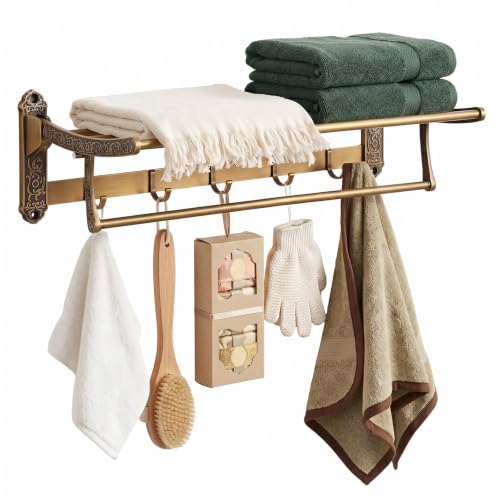 Brass Foldable Towel Rack with Hooks, Foldable Wall Mounted Bathroom Shelf Towel Bars Antique Gold Aluminum Rail Holder for Bathroom, Entryway, and Kitchen(2-Tier Vintage Style,24") - size: 24", style: 2-tier Vintage Style