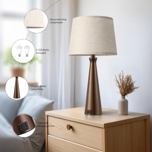 Modern Touch Lamps for Nightstand, 3 Way Dimmable Bedroom Lamp Set of 2 | USB C+A Charging Ports, Brown Bedside Lamps for Bedroom, Living Room, End Table, Bed Side, LED Bulb Included - color: I. Brown Base-Beige Shade