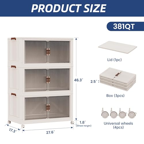 SAILUN 381Qt Extra Large Stackable Storage Bins Folding Collapsible Storage Bins with a Lid, Closet Organizers and Storage Blush White 28" W x 17" D x 46" H | Stackable Storage Drawers with Lids,28" W x 17" D x 46" H,Featuring open-front Access for Clothe