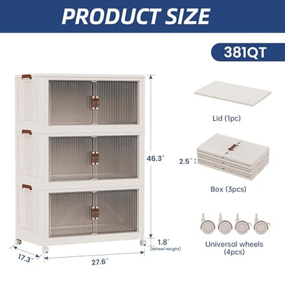 SAILUN 381Qt Extra Large Stackable Storage Bins Folding Collapsible Storage Bins with a Lid, Closet Organizers and Storage Blush White 28" W x 17" D x 46" H | Stackable Storage Drawers with Lids,28" W x 17" D x 46" H,Featuring open-front Access for Clothe