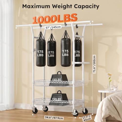 SOLEDI Heavy-Duty Clothes Rack, 1000 LBS clothing rack with wheels Load Capacity Double Rod Clothing Rack with Shelves & Lockable Wheels, Suitable for Bedroom, Entryway, Living Room & Garage (white) - color: White