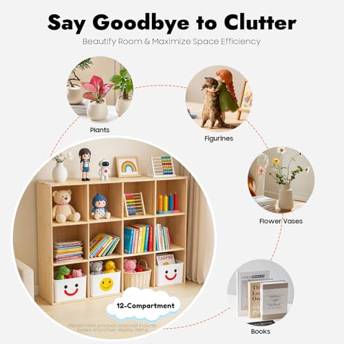 12-Cube Solid Wood Storage Organizer, Open Bookshelf with Back Panel, Vertical or Horizontal Floor Standing Shelf Unit for Living Room Bedroom Office (47.2" L x 11.8" W x 35.4" H) - size: 12-Cube-A
