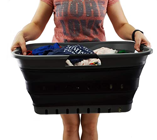 SAMMART 42L (11 gallon) Collapsible Plastic Laundry Basket - Foldable Pop Up Storage Container/Organizer - Portable Basket - Space Saving Hamper/Basket (2, Grey/Black) - color: Grey/Black