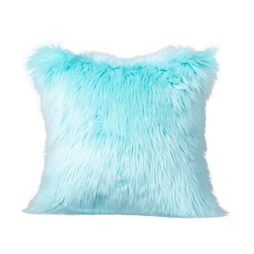 LIGICKY Decorative Turquoise Fluffy Pillows Luxury Series Teal Faux Fur Throw Pillow Cover Decorative Soft Blue Fuzzy Plush Square Pillow Case Cushion Cover for Couch Sofa Bed, 16 x 16 inch - color: Light Turquoise, size: 16" x 16" (Pack of 1)