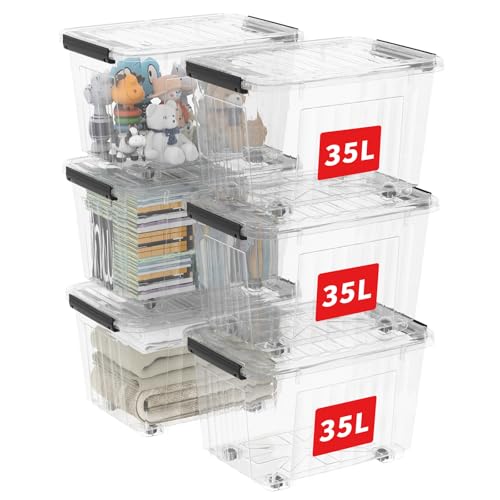 Cetomo 40Qt*6 Plastic Storage Bins, Storage Box, 6 Pack, Organizing Container with Wheels, Durable Lids and Secure Latching Buckles, Stackable and Nestable, Clear with Black Buckle - size: 35L*6