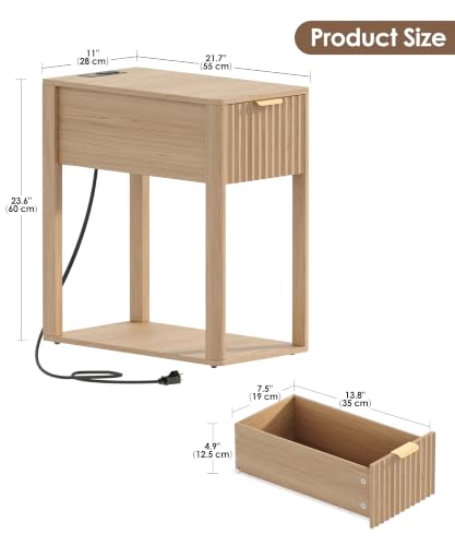 Akxomel Narrow Nightstand with Charging Station Fluted Table Walnut | Wooden Slim Bedside Table, Mid-Century Modern Night Stand with Drawer and Open Shelf, Small Side End Table, for Bedroom - color: Natural Oak, size: 21.7"D x 11"W x 23.6"H