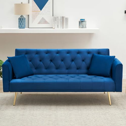 71" Modern Velvet Sofa Bed Futon, Convertible Sleeper Couch, Adj. Backrest | Tufted Recliner Loveseat Design with Golden Chrome Legs & 2 Pillows, Perfect for Small Spaces, Living Room, Apartment - color: Blue