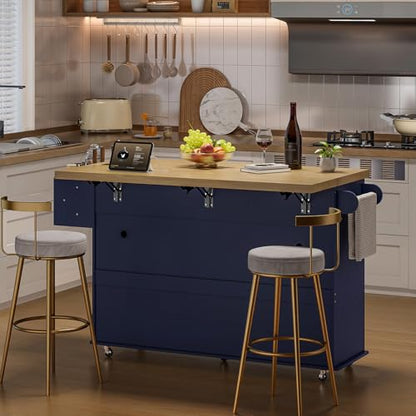 60" Kitchen Island with Power Outlet & Drop Leaf, Rolling Island with Spice Rack & Towel Rack, Kitchen Island Cart with Trash Storage Cabinet, Island Table for Kitchen, Blue - color: Blue